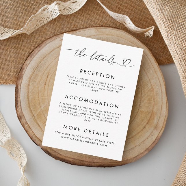Heart Script Wedding Details Minimalist White Enclosure Card (Creator Uploaded)