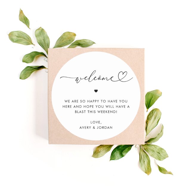 Heart Script Wedding Welcome Hotel Gift Bag Box Classic Round Sticker (Creator Uploaded)