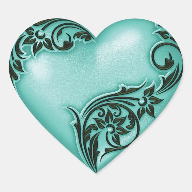 Heart Scroll Aqua w Black Heart Sticker (Front)