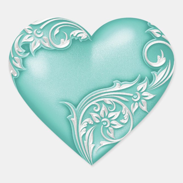 Heart Scroll Aqua w White Sticker (Front)