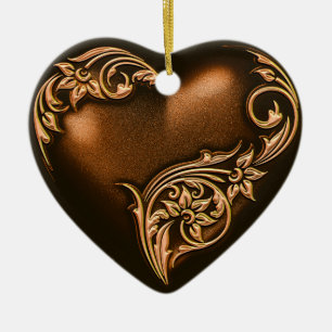 Heart Scroll Chocolate Brown w Gold Ceramic Tree Decoration