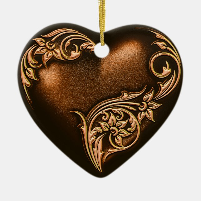 Heart Scroll Chocolate Brown w Gold Ceramic Tree Decoration (Front)