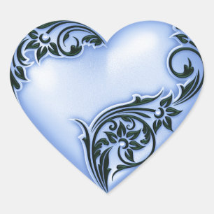 Heart Scroll Cornflower Blue w Black Heart Sticker