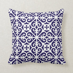 Heart Scroll Cross Pattern in Cobalt and White Cushion