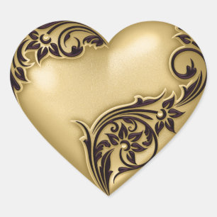 Heart Scroll Gold w Black Heart Sticker