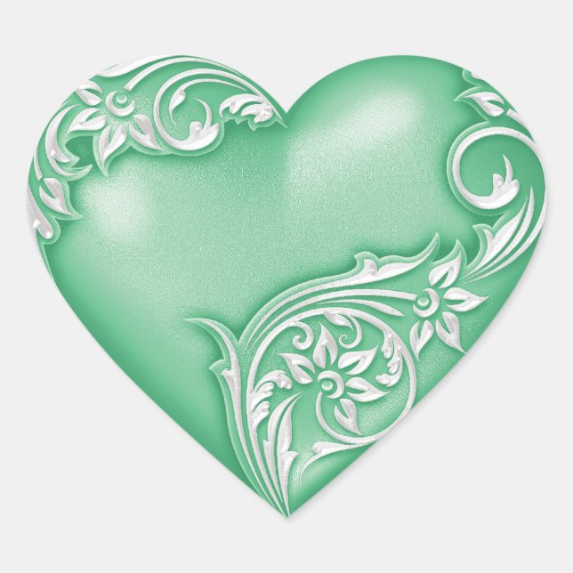 Heart Scroll Jade Green w White Sticker (Front)