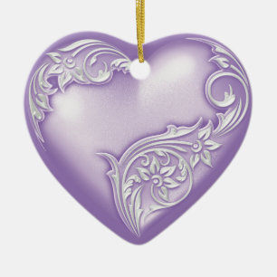 Heart Scroll Lilac w White Ceramic Ornament
