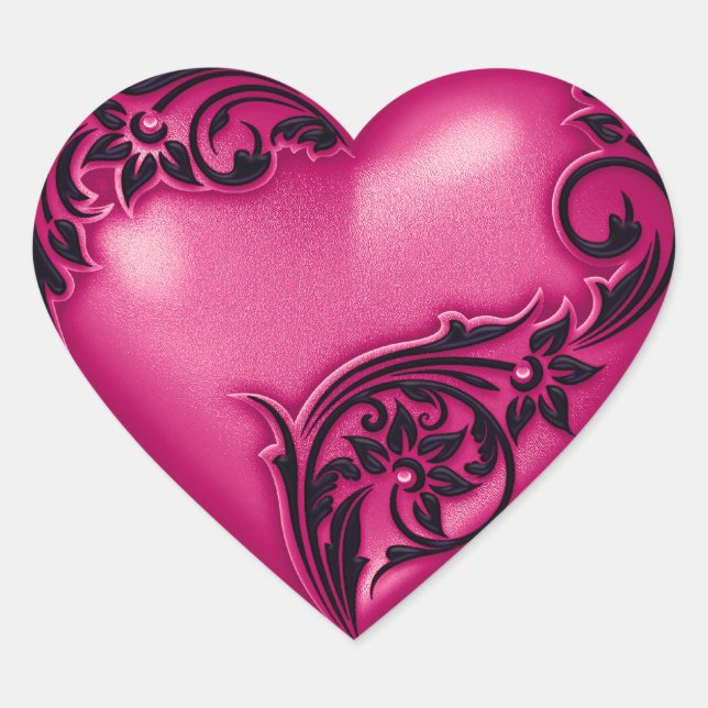 Heart Scroll Magenta w Black Heart Sticker (Front)