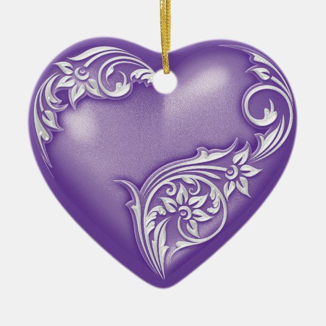 Heart Scroll Purple w White Ceramic Ornament (Front)