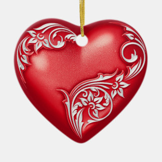 Heart Scroll Red w White Ceramic Ornament