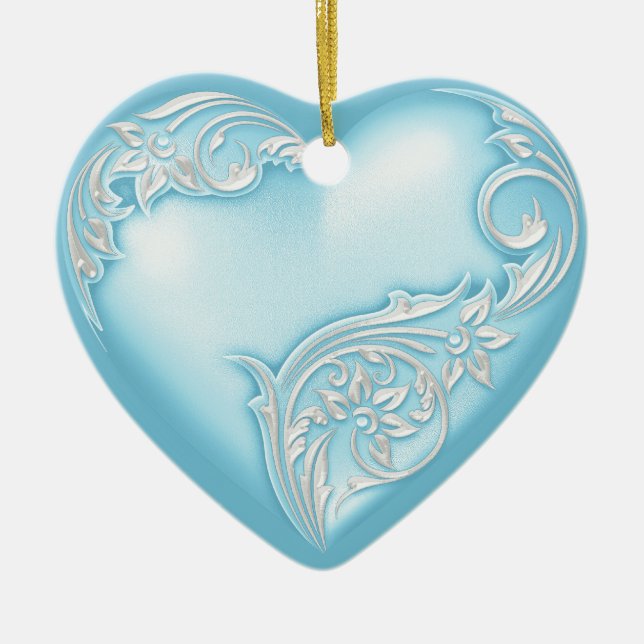 Heart Scroll Sky Blue w White Ceramic Tree Decoration (Front)