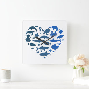 Heart sea animals square wall clock