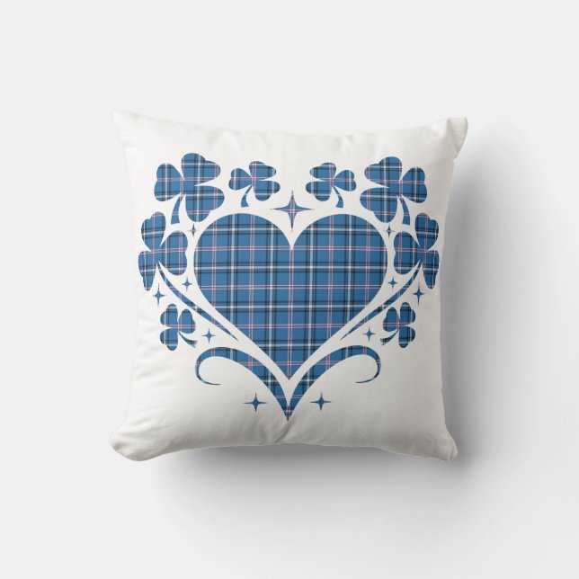 Heart Shamrock Plaid Blue Classic Clover Cushion (Front)