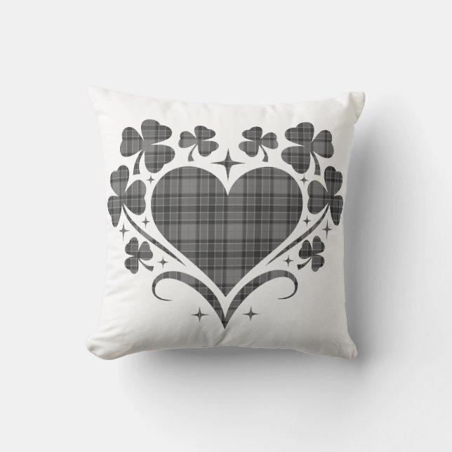 Heart Shamrock Plaid Gray Tartan Clover Cushion (Front)