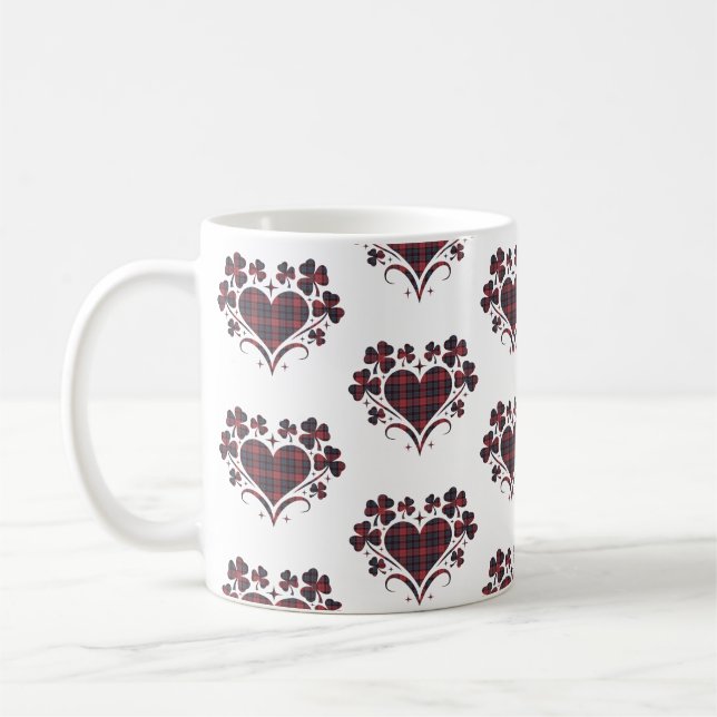 Heart Shamrock Plaid Red Blue Tartan Clover Coffee Mug (Left)