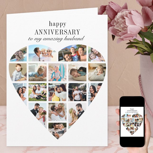 Heart Shape 18 Photo Collage Wedding Anniversary Card (Creator Uploaded)