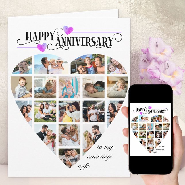 Heart Shape 18 Photo Collage Wedding Anniversary Card (Creator Uploaded)