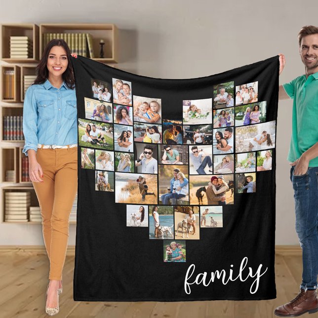 Heart Shape 36 Photo Collage Family Script Black Fleece Blanket (Creator Uploaded)