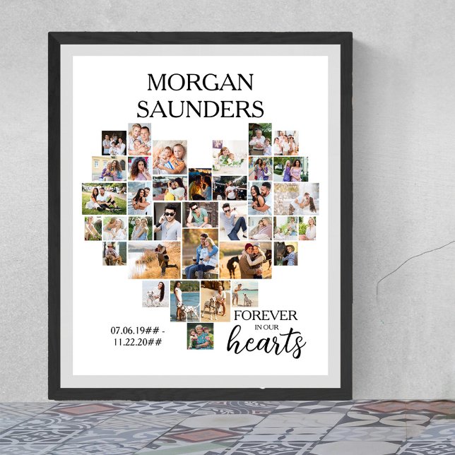 Heart Shape 36 Photo Collage Memorial Funeral Poster (Funeral memorial poster to order professionally printed or as a printable digital download)