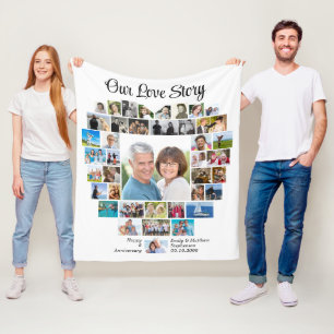 Heart Shape 40 Photo Collage Our Love Story Fleece Blanket