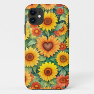 Heart shape and sunflowers iPhone 11 case