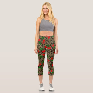 heart shape cherry leopard rockabilly  capri leggings