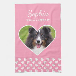 Heart Shape Custom Pet Photo On Pink & Text Tea Towel