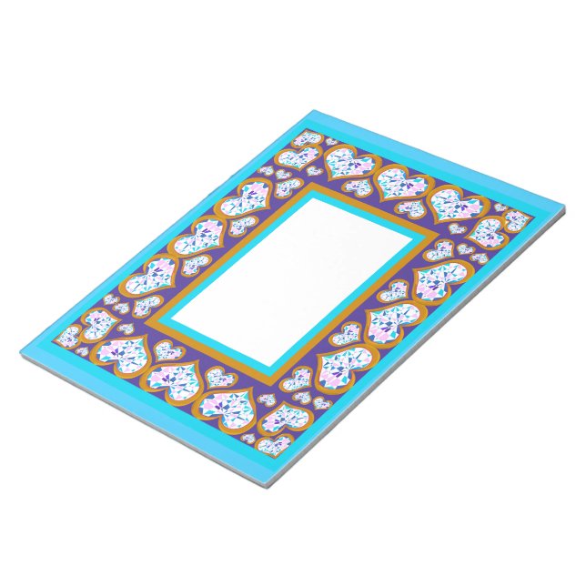 Heart shape diamonds gold aqua border notepad (Angled)