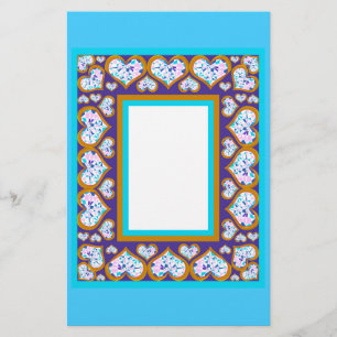 Heart shape diamonds gold aqua border stationery
