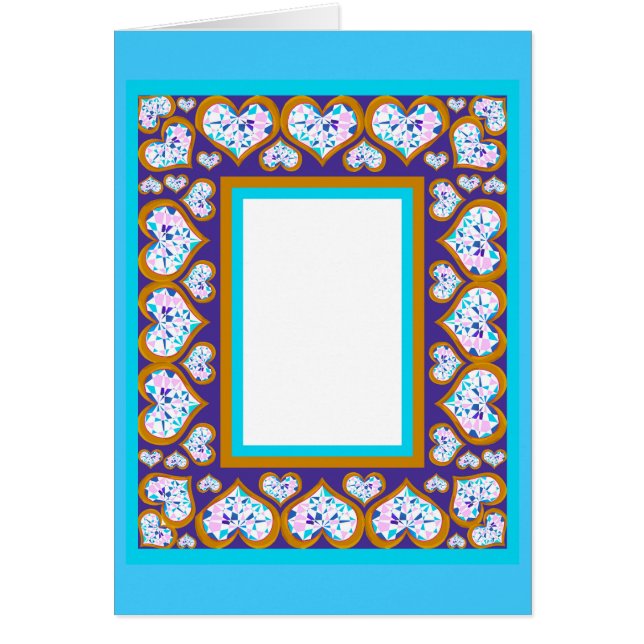 Heart shape diamonds gold aqua frame notecard (Front)