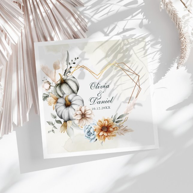 Heart Shape Frame Pumpkin Wildflowers Wedding  Napkin (Heart Shape Frame Pumpkin Wildflowers Wedding Paper Dinner Napkins on a sunny white table.)