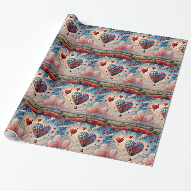 Heart Shape Hot Air Balloon  Wrapping Paper (Unrolled)