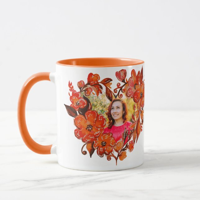 Heart Shape Orange Red Floral Photo Frame Mug (Left)