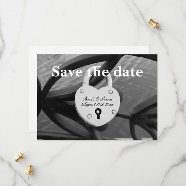 Heart shape padlock on fence photo wedding save the date (Front/Back In Situ)
