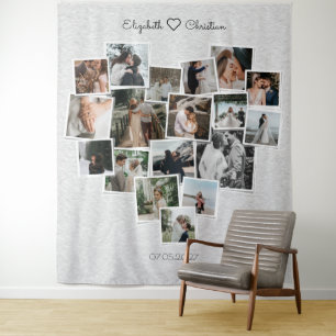 Heart Shape Photo Collage Lovely Wedding Backdrop Tapestry