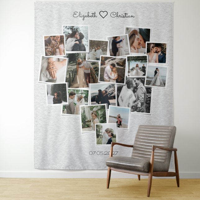 Heart Shape Photo Collage Lovely Wedding Backdrop Tapestry (In Situ)