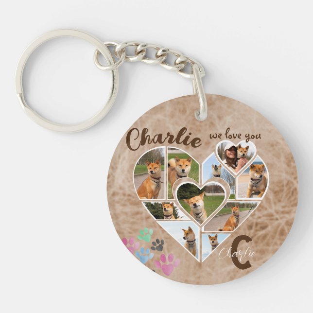 Heart Shape Photo Collage with Name and Texts Key Ring (Front)