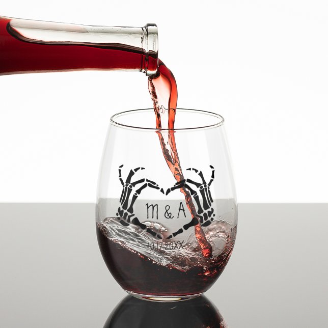 Heart Shape Skeleton Hands Personalised Wedding Stemless Wine Glass (Creator Uploaded)