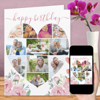 Heart Shaped 11 Photo Collage Pink Peony Birthday