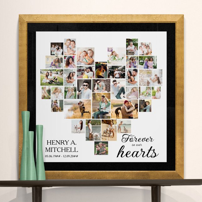 Heart Shaped 36 Photo Collage Funeral Square Poster (Funeral memorial poster to order professionally printed or as a printable digital download)