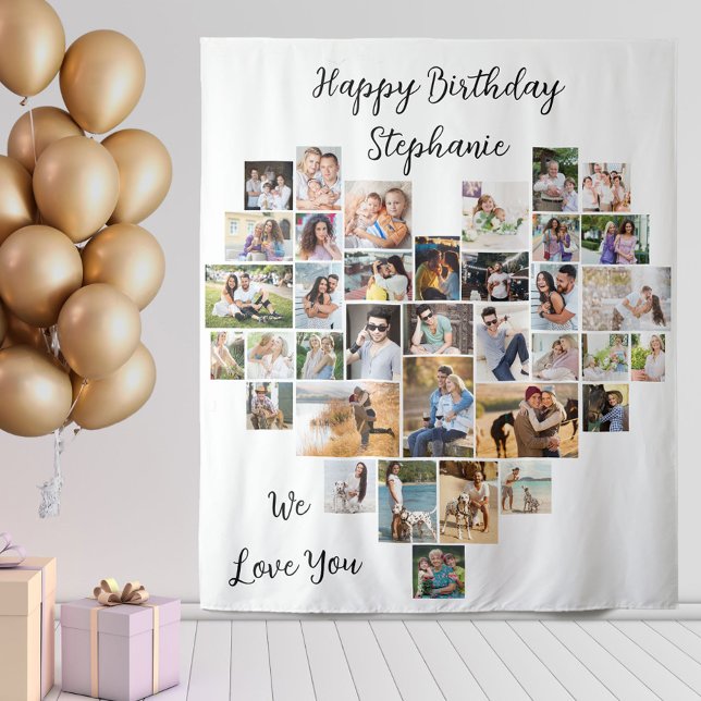 Heart Shaped 36 Photo Collage Happy Birthday Tapestry (Creator Uploaded)