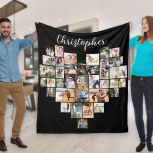 Heart Shaped 36 Photo Collage Script Name Black Fleece Blanket