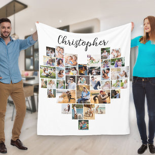 Heart Shaped 36 Photo Collage Script Name White Fleece Blanket