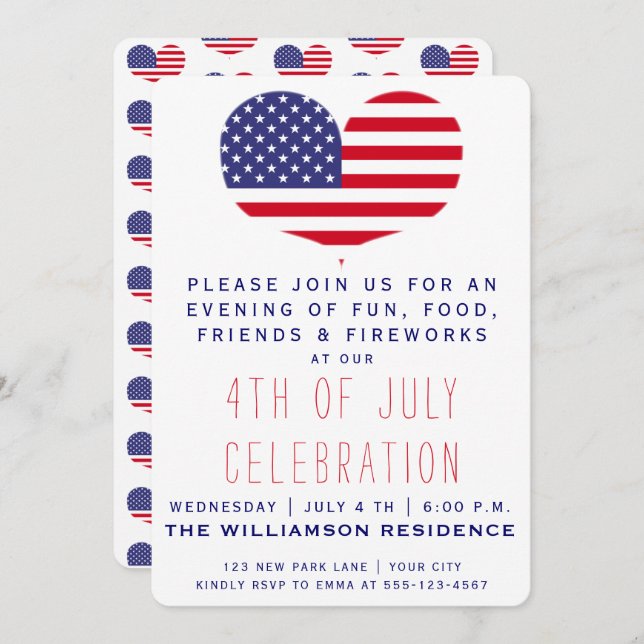 Heart Shaped American Flag | 4th of July Invitation (Front/Back)