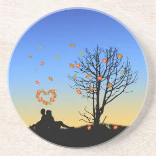 Heart-Shaped Autumn Leaves Couple Coaster