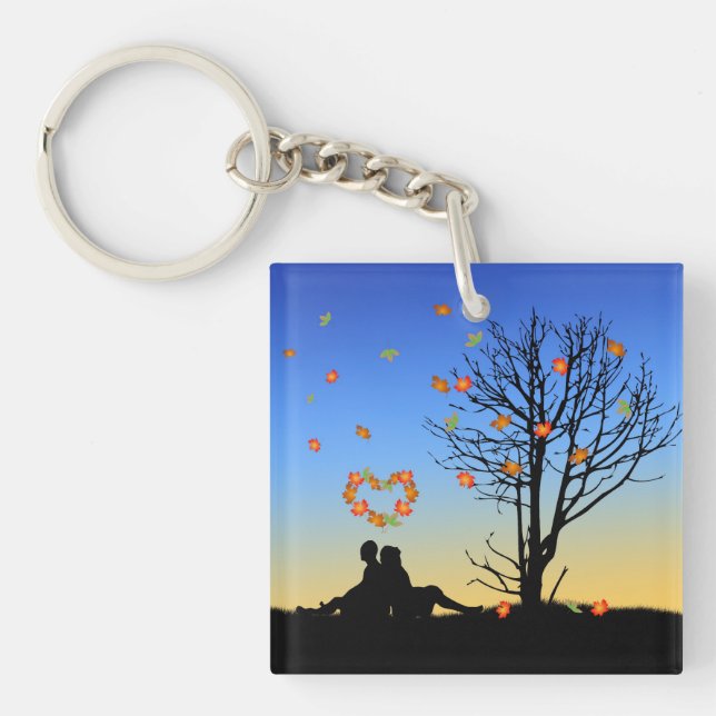 Heart-Shaped Autumn Leaves Couple Key Ring (Front)