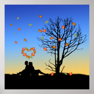 Heart-Shaped Autumn Leaves Couple - Poster Print