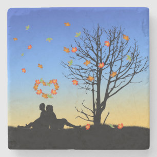 Heart-Shaped Autumn Leaves Couple Stone Coaster
