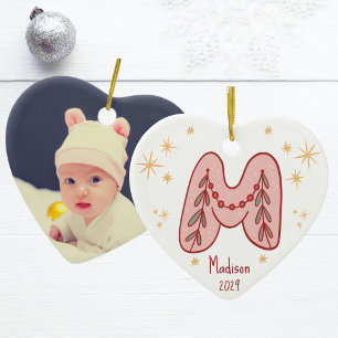 Heart Shaped- Baby's First Christmas- Initial "M" Ceramic Ornament