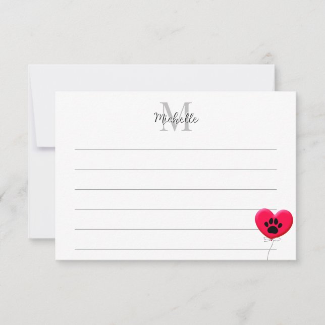 Heart Shaped Balloon Dog Paw Lined Monogram Card (Front)